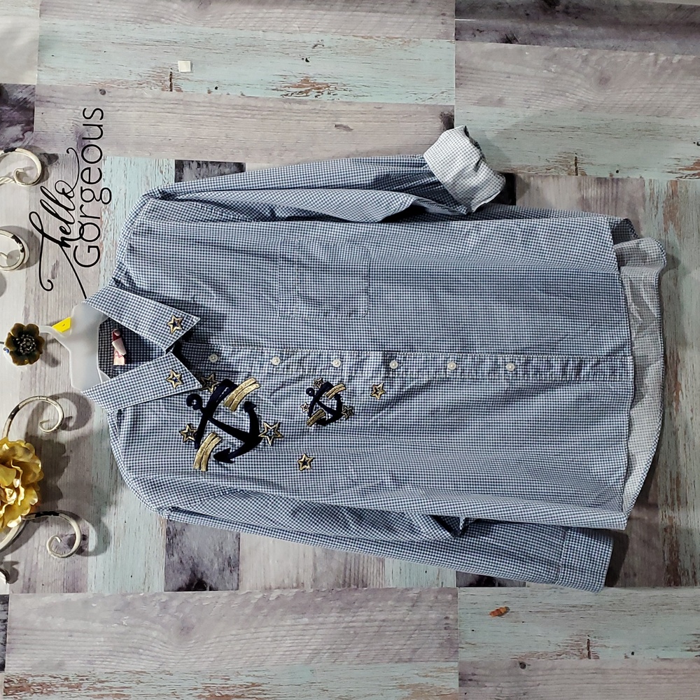 Vintage 2X? TIA Nautical Blue White Check Gold Embroider Button Down Blouse 126